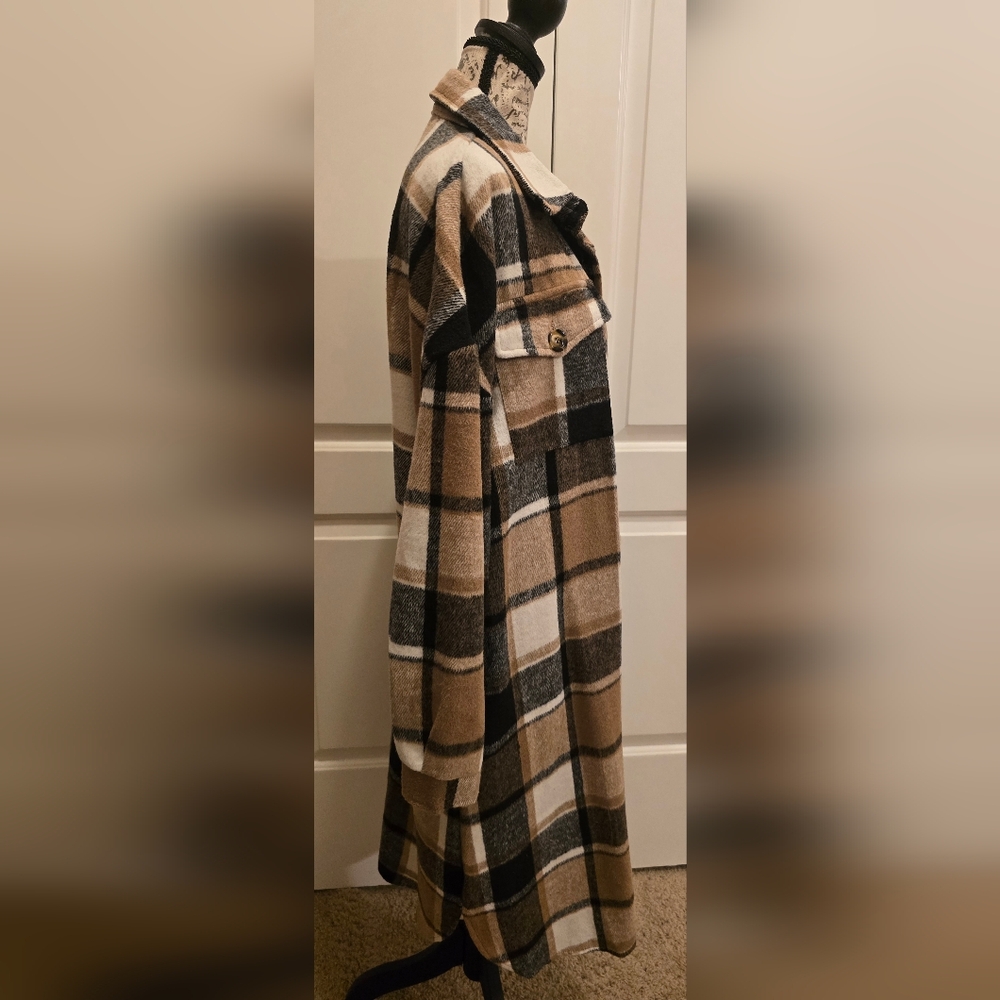 Plaid Sacket Duster Beige, Black & Cream Brushed Flannel Large NWOT - Picture 4 of 8